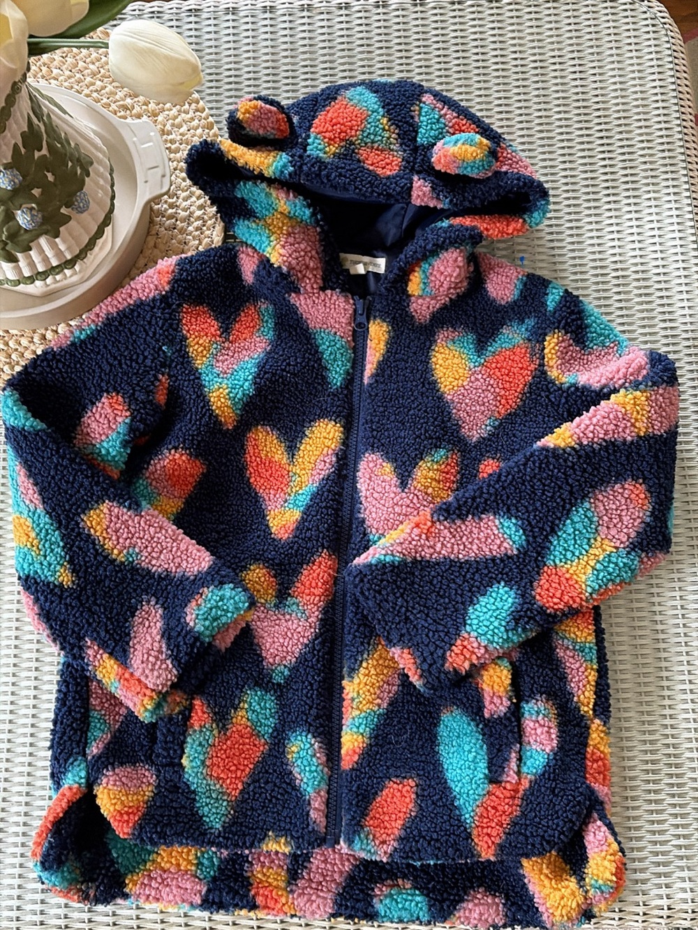 Girls' Navy Sherpa Hoodie with Multicolor Heart Print